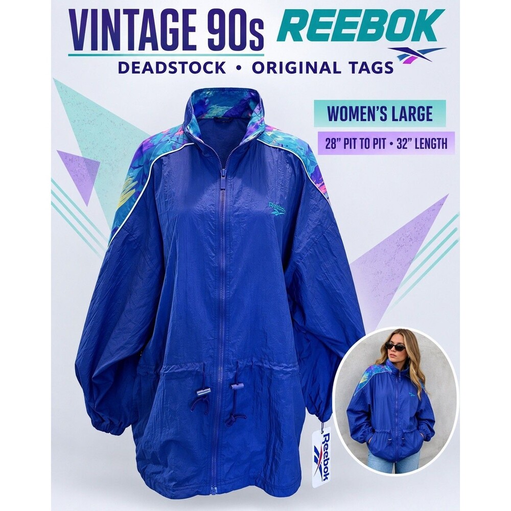 Vintage 90s Reebok Windbreaker Jacket Womens L Blue Teal Purple Deadstock
